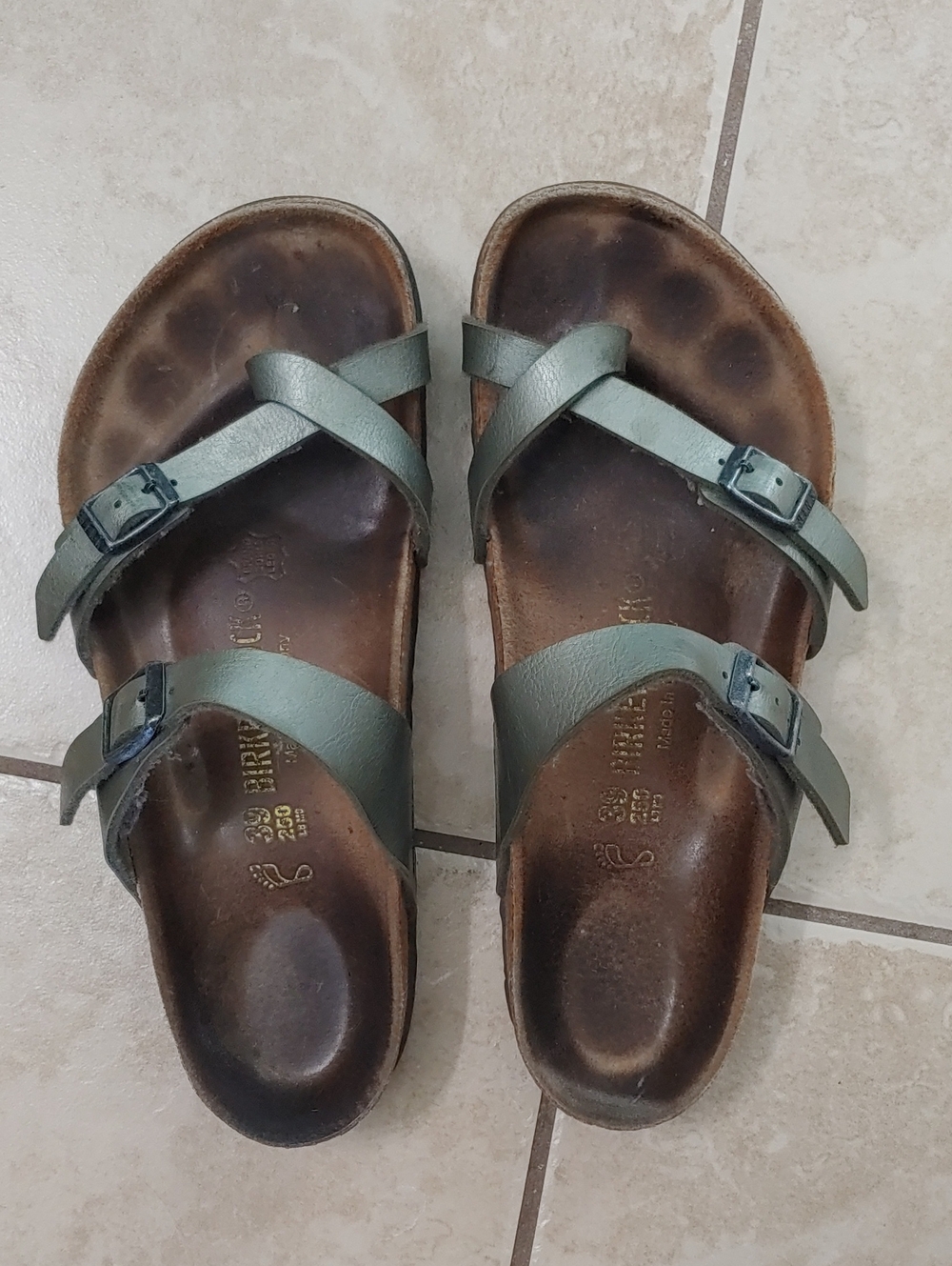 Birkenstock Mayari Sandals Metallic Sage Green Leather Straps Cork Bed Unisex 39